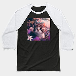 Cute Brown Kitten Floral Background | White, brown and grey cat with blue eyes | Digital art Sticker Baseball T-Shirt